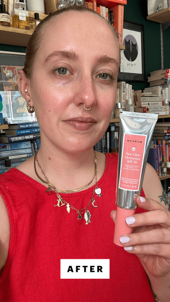 Photo of Kara McGrath after applying the Naturium DewGlow Moisturizer SPF 50 PA